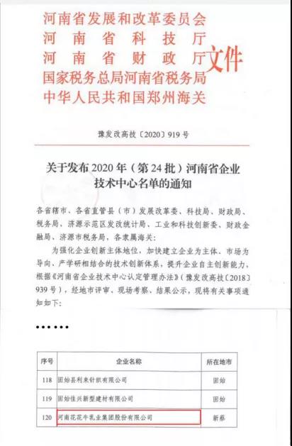 喜报 | 河南华体平台_华体（中国）一站式服务平台乳业集团企业技术中心被认定为 河南省企业技术中心